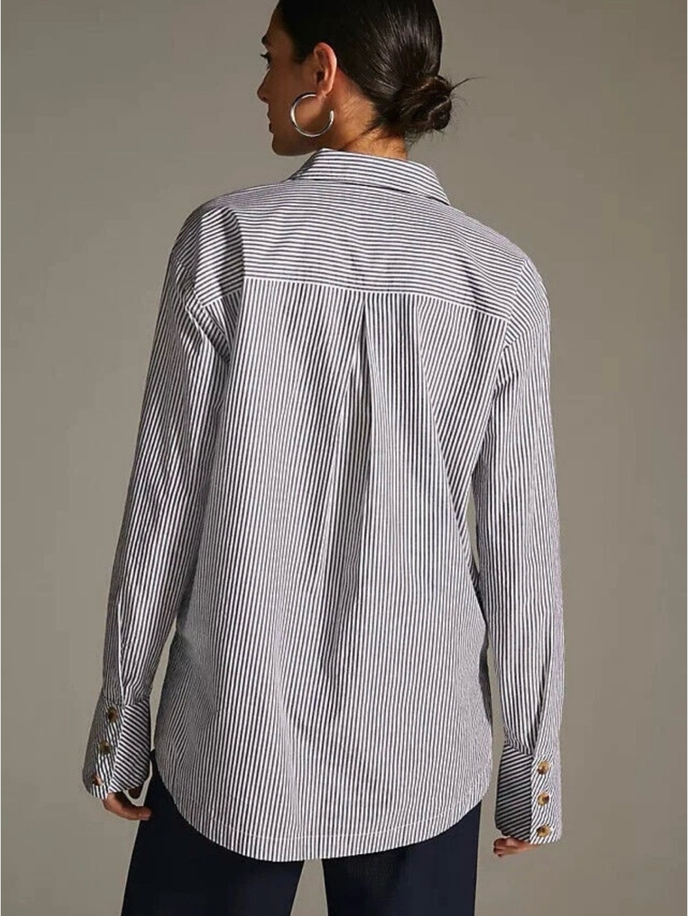 Anthropologie Black and White Striped Button-Trim Popover Top - Picture 3 of 9
